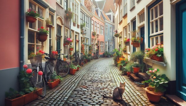 Street with a cat old building europe concept bacground