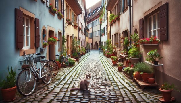 Alone cat in street of old europe outdoor building concept - Powered by Adobe