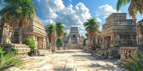 Obraz premium Multiple stone pyramid temples with detailed carvings rise among dense jungle vegetation under cloudy sky. Generative by AI.