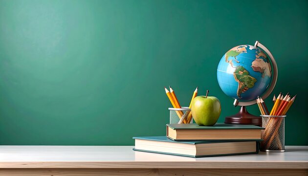 Back to school concept featuring globe books apple and pencils on desk