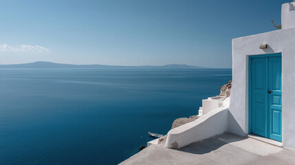 Traditional Greek island architecture with iconic blue door overlooking Mediterranean sea.