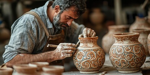 Elderly hands shaping carved clay pot with spiral patterns in pottery workshop surrounded by other clay vessels. Generative by AI.