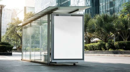 Modern glass bus shelter with LED advertising display in urban cityscape during daytime.
