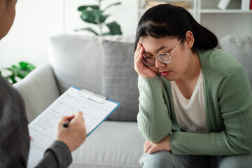 Psychologist doctor examine and listen and talking to patient with depression, mental health concept