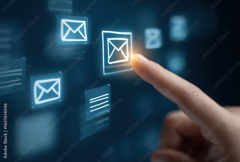 Poster close-up of a human finger interacting with a digital interface displaying email icons and notificat