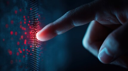 Close-up of a human finger interacting with a digital interface displaying a glowing red data network visualization in a dark environment