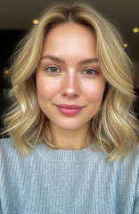 Naklejka premium Natural beauty portrait of a happy young woman with blonde hair, beautiful smiling female model in cozy sweater looking at camera