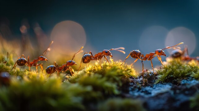 Ants crawl on moss, blurred bokeh light in background