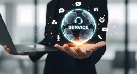 A person holding a laptop with AI service features, offering support and assistance. Holographic and digital interface, symbolizing modern technological innovation and efficient business support. 