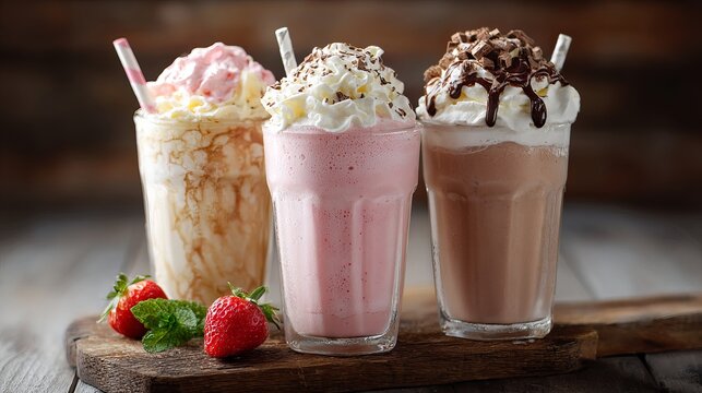 Delicious gourmet milkshakes with whipped cream, perfect for dessert menus and summer treats