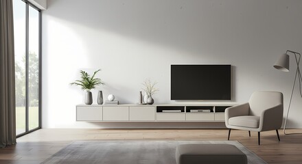 Modern living room with large window and comfortable armchair