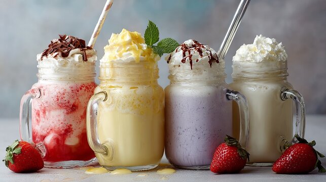 Delicious creamy milkshakes in mason jars, a refreshing treat for summer days with friends - Powered by Adobe