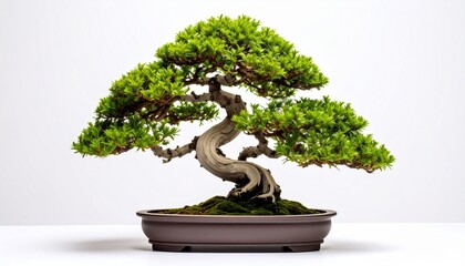 Bonsai tree with twisted trunk and dense foliage in a shallow rectangular pot, set against a plain white background.
