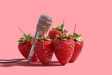 Microphone with fresh strawberries on pink background for summer music festival promotion and sweet sound