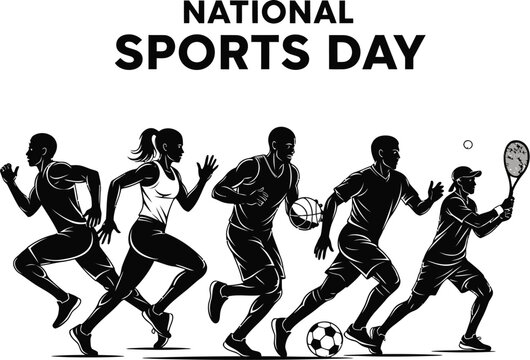 A silhouette of athletes running and playing sports national sports day celebrating sports and healthy lifestyle