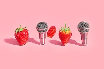 Strawberries and microphones on pink background for podcasting or music themed designs