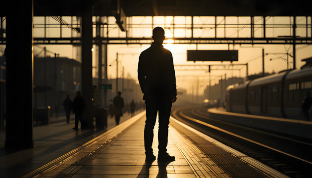 Silhouette at Station: A lone figure stands in silhouette on a train platform, against a backdrop of a setting sun, evoking feelings of introspection and solitude.