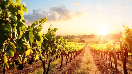 Naklejka premium Beautiful Vineyard Landscape at Sunset with Lush Green Grape Vines in Rows