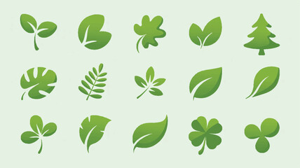A collection of 16 minimalist green leaf and tree icons arranged in a 4x4 grid on a white background.  