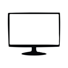 Computer monitor screen silhouette icon- Black silhouette of a computer monitor or television screen on a stand, symbolizing technology, display, digital media, and modern devices
