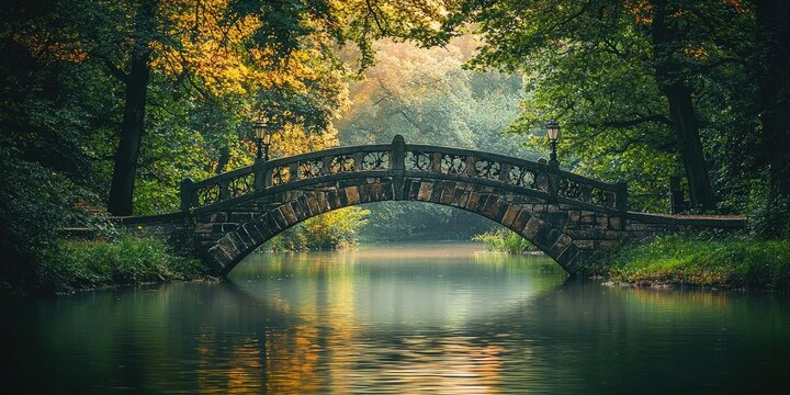 Stone pedestrian bridge with lamp posts crossing calm river, surrounded by autumn trees, reflections on water, misty background, park landscape, peaceful scenery. Generative by AI.