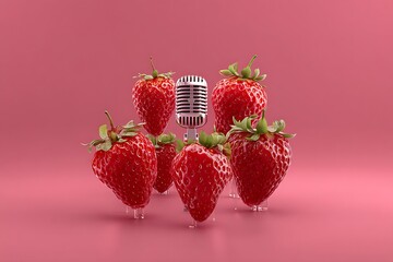 Strawberries singing with a vintage microphone on pink background a sweet summer song for your project