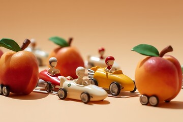 Toy race cars with drivers compete alongside peach racers in a fun and playful competition concept