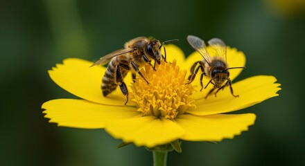 Fototapeta premium Two bees on yellow flower foraging Detailed focus captures their furry bodies and the flowers texture