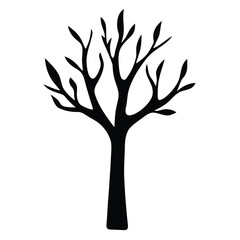 Obraz premium Silhouette of tree with bare branches- Black silhouette illustration of a tree with branches and few leaves, symbolizing nature, growth, seasons, and environmental themes
