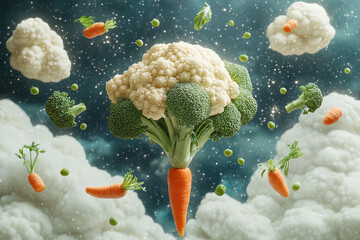Broccoli, carrots and cauliflower are hanging on ropes in the sky. The concept of healthy eating