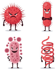 Cartoon illustrations of various angry, anthropomorphic microorganisms with menacing expressions.