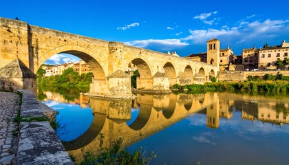 Fototapeta premium Ancient stone bridge spans river, reflecting in calm water under a bright blue sky; town visible in background