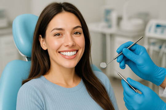 Smiling female dental patient sitting relaxed dentist chair confident white teeth preventive oral care promotion modern clinic interior