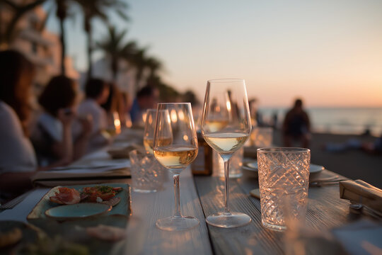 Elegant outdoor restaurant dining experience during golden sunset with wine glasses.