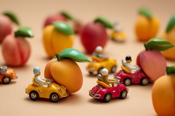 Miniature people driving toy cars through a peach orchard in a whimsical food landscape