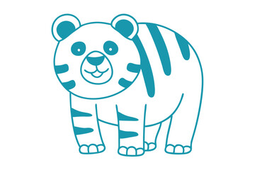 Cartoon tiger outlined in teal standing cheerfully with rounded ears and stripes