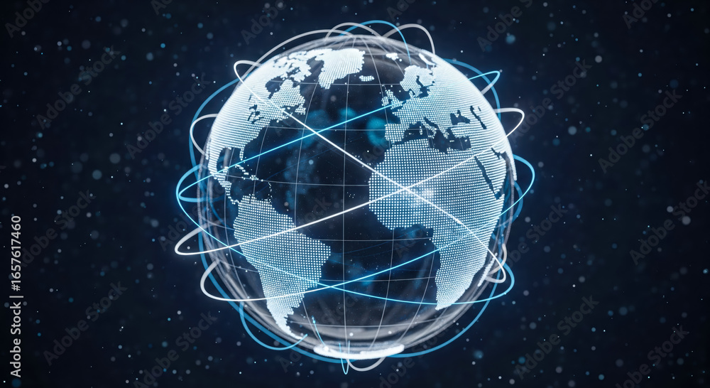 Poster global communication network with digital planet earth and orbiting lines, internet technology conce