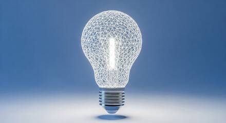 Innovation concept with glowing lightbulb made of wireframe mesh, creative idea theme for business strategy and new technology solution discovery