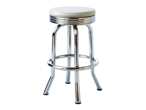 Chrome bar stool with white padded seat isolated on transparent background, a modern and stylish furniture piece for kitchen or restaurant