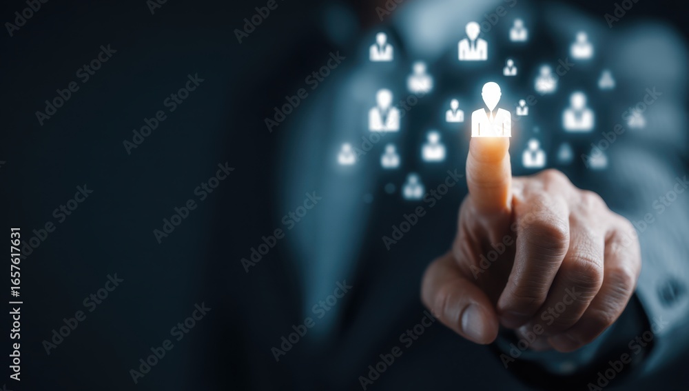 Poster close-up of a human hand pressing a glowing button surrounded by floating digital icons and sparkles