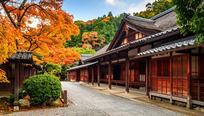 Beautiful fall foliage enhances the traditional Japanese architecture, creating a serene scene