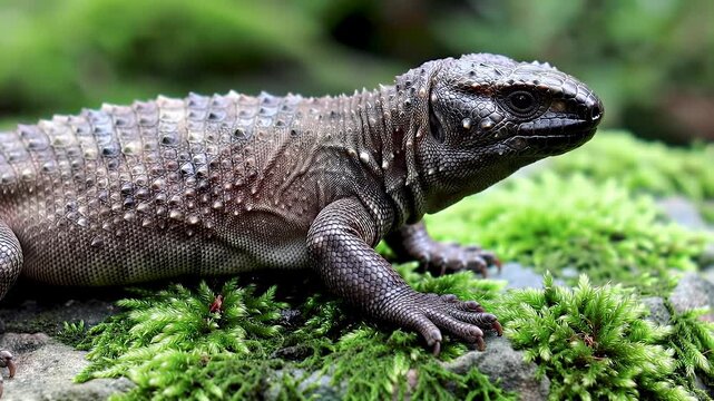Dark Armadillo Girdled Lizard Resting on Mossy Stone in Natural Habitat Close Up