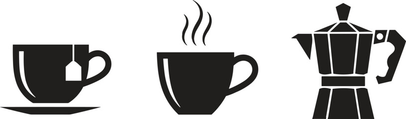 Coffee cup and mug silhouette icons, espresso, tea, takeout drinks, moka pot vector set, perfect for café, branding, menu design