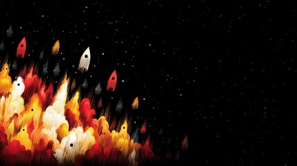 Outer space sci fi battle concept, Colorful rockets launch into a starry night sky, symbolizing adventure.