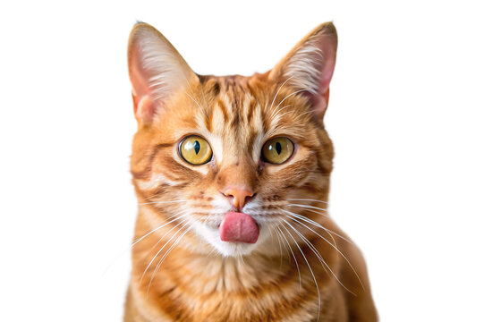 Adorable orange tabby cat licking its nose with its tongue out, isolated on transparent background - Powered by Adobe