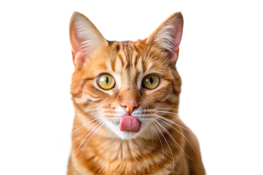 Adorable orange tabby cat licking its nose with its tongue out, isolated on transparent background