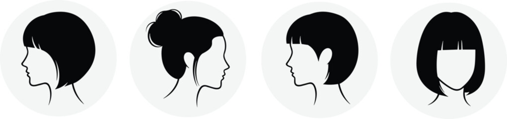 Female hairstyle silhouette icons in profile, woman head vector set, modern haircut styles, elegant beauty design elements for salon, fashion, branding
