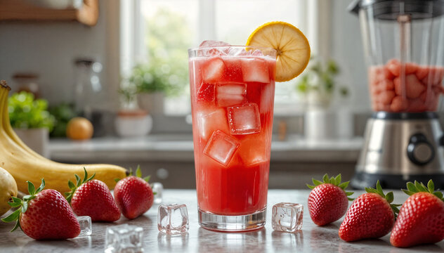 Jugo de fresa y pl&aacute;tano en vaso con hielo sobre la encimera de la cocina, fondo borroso de la licuadora