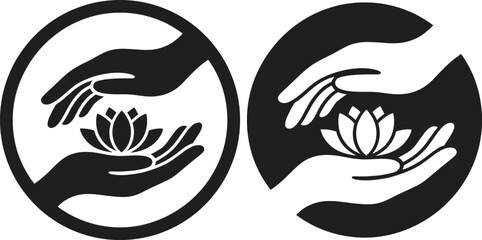 Hands holding lotus flower icon, black circular wellness symbol, healing and care logo, spiritual and nature concept, protection and balance illustration vector