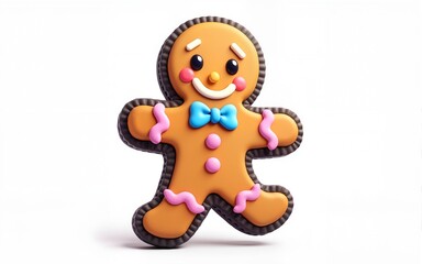 3D cartoon gingerbread man with blue bow tie and pink icing on black cookie biscuit isolated on a transparent background. High quality